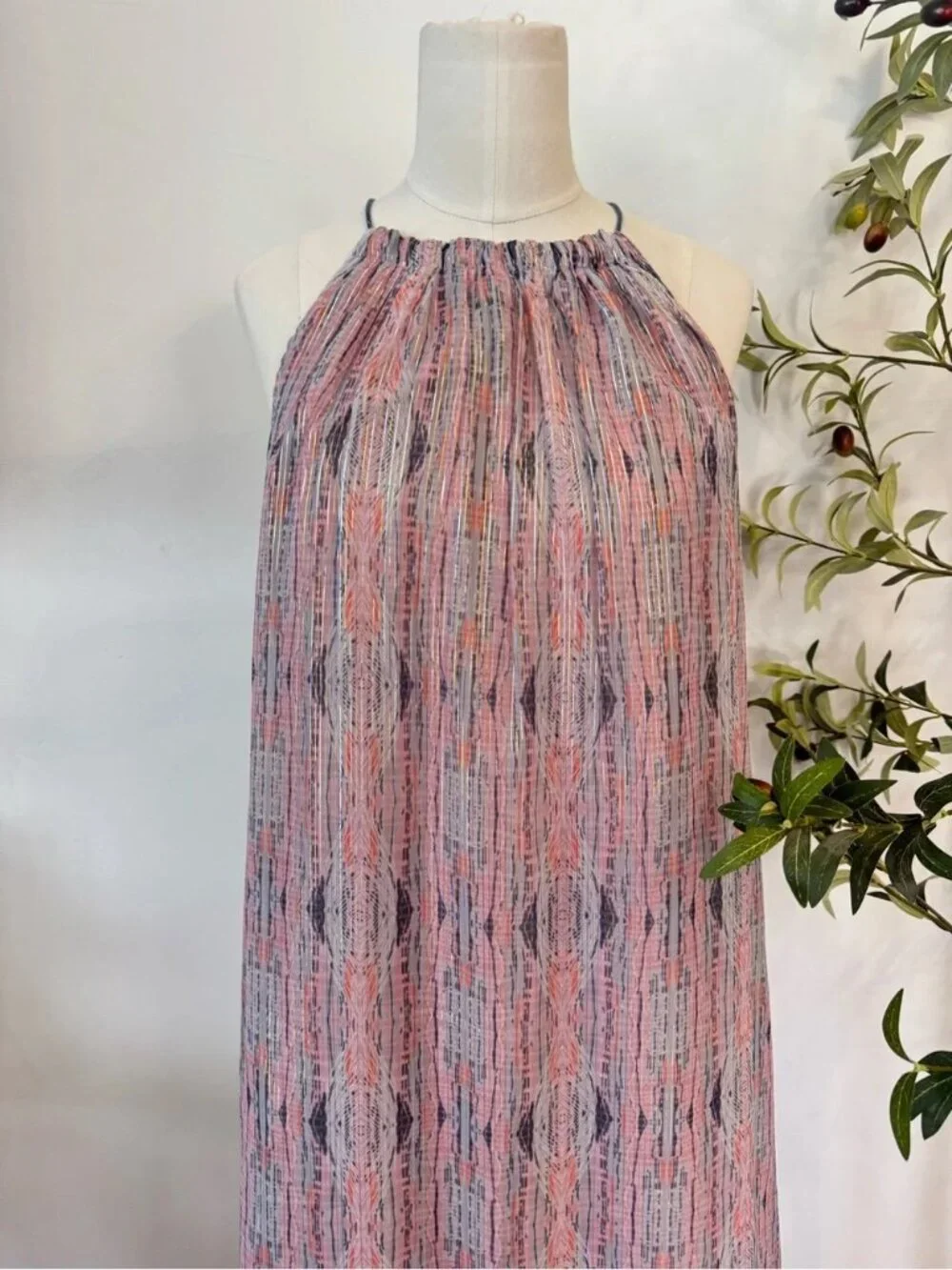 World Market Metallic Stripe Halter Midi Dress S/M Pink Gray Boho - Picture 2 of 7